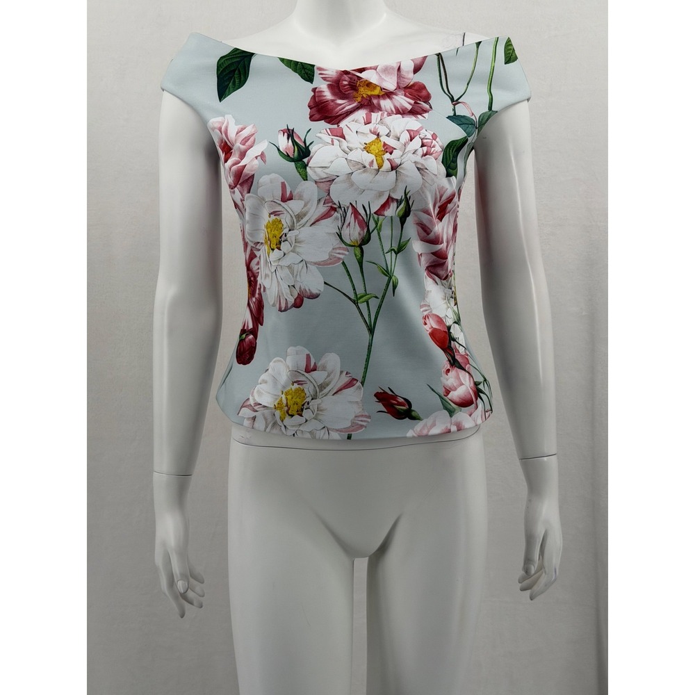Ted Baker Top Women 1 US 4 Grey Floral Off the Shoulder Bardot Romantic Coquette